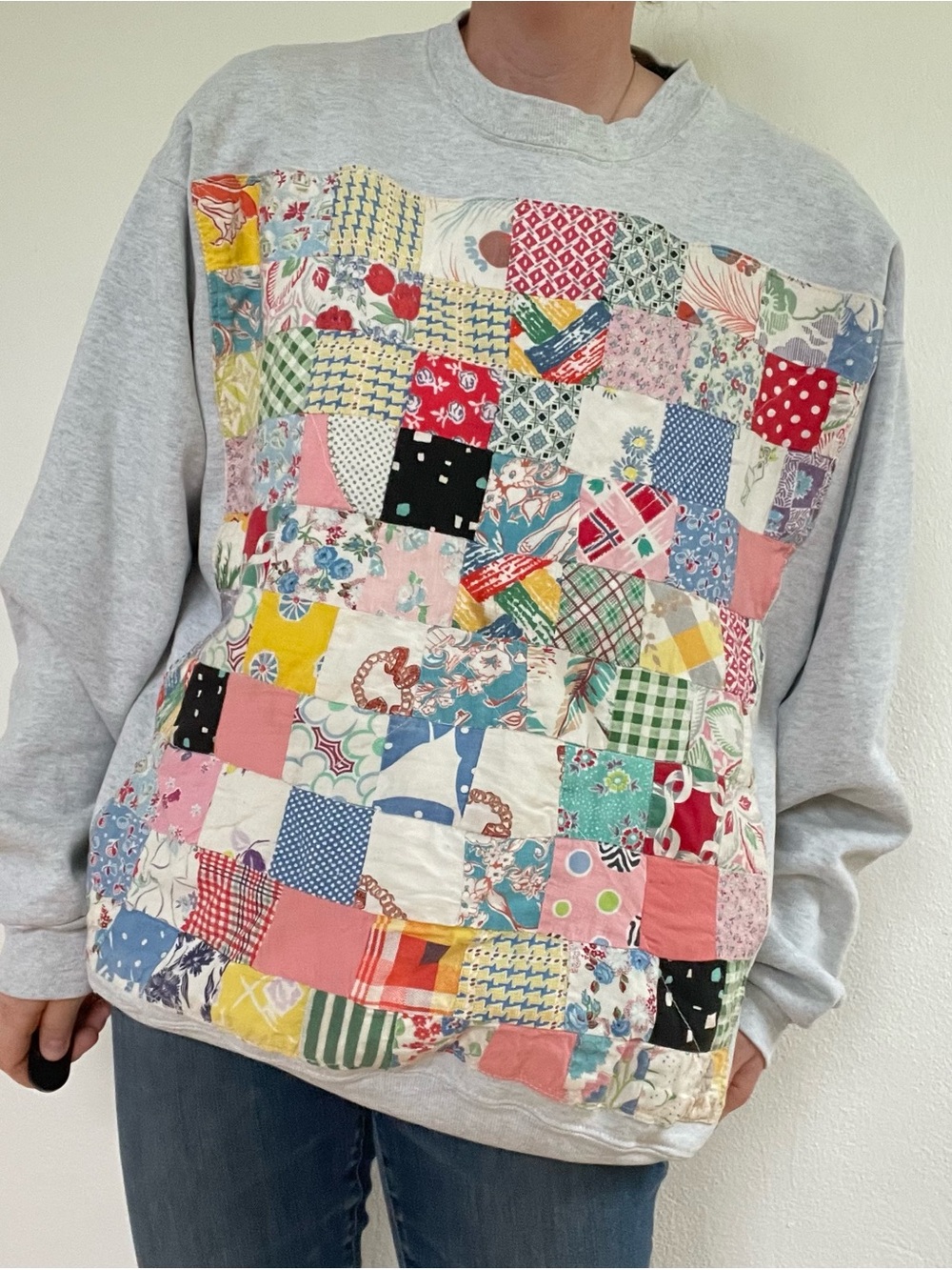 Vintage Patchwork Quilted Front Sweatshirt - Multicolor